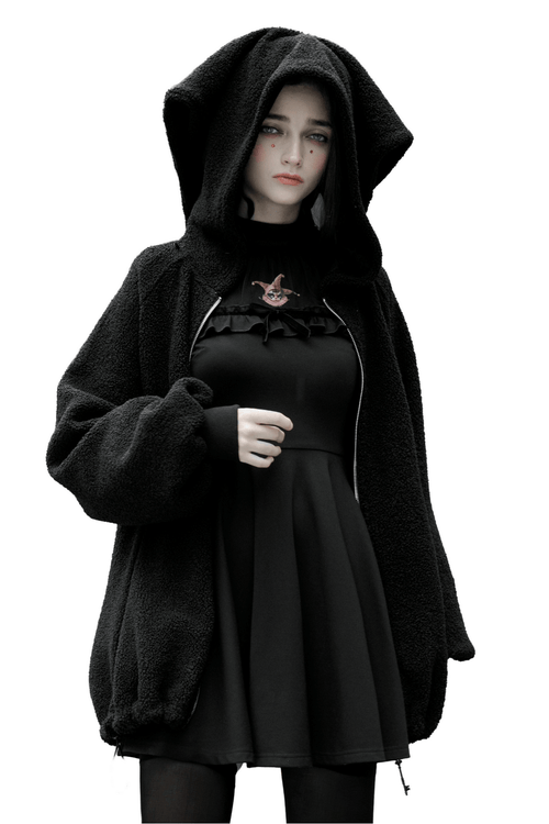 Veste à capuche noire tendance avec sac à main en peluche lapin