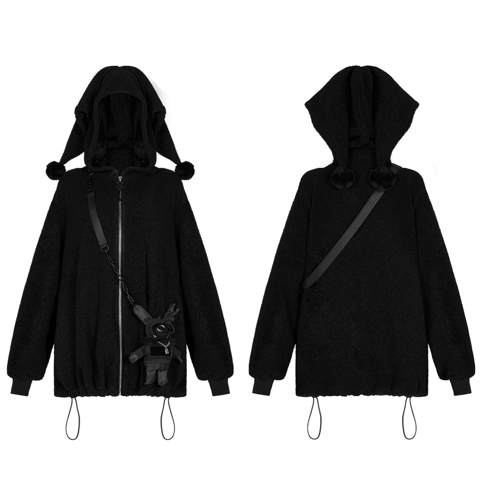 Trendy black hooded jacket with bunny plush purse and playful clown hat design, perfect for fall vibes.