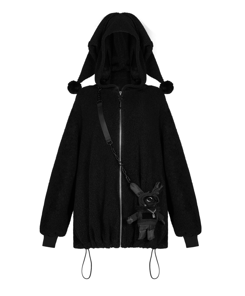 Trendy black hooded jacket with playful clown hat and bunny plush purse, made of cozy teddy fleece.