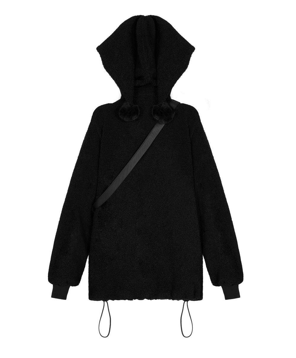 Trendy black hooded jacket with plush bunny design and soft teddy fleece material, perfect for a punk rave-inspired look.
