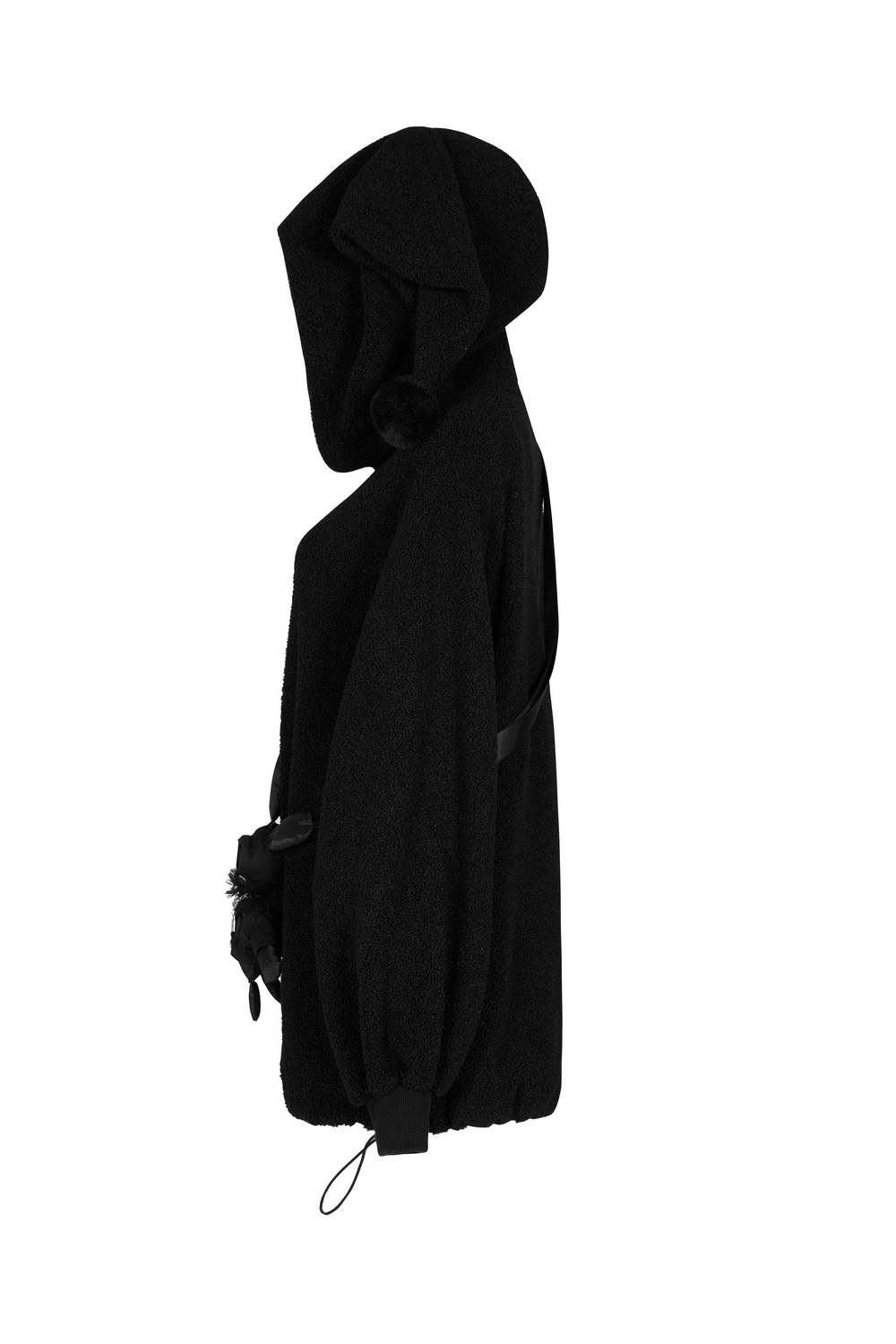 Trendy black hooded jacket with a unique clown hat design and plush bunny purse, perfect for edgy fall fashion.