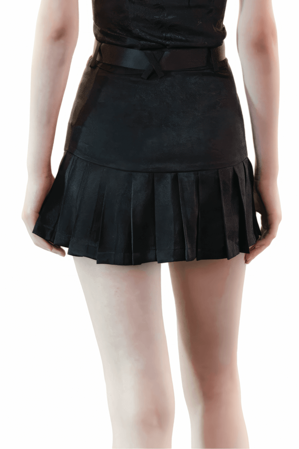 Back view of a trendy Gothic buckle mini skirt with pleated design and a fitted waist, perfect for edgy streetwear outfits.