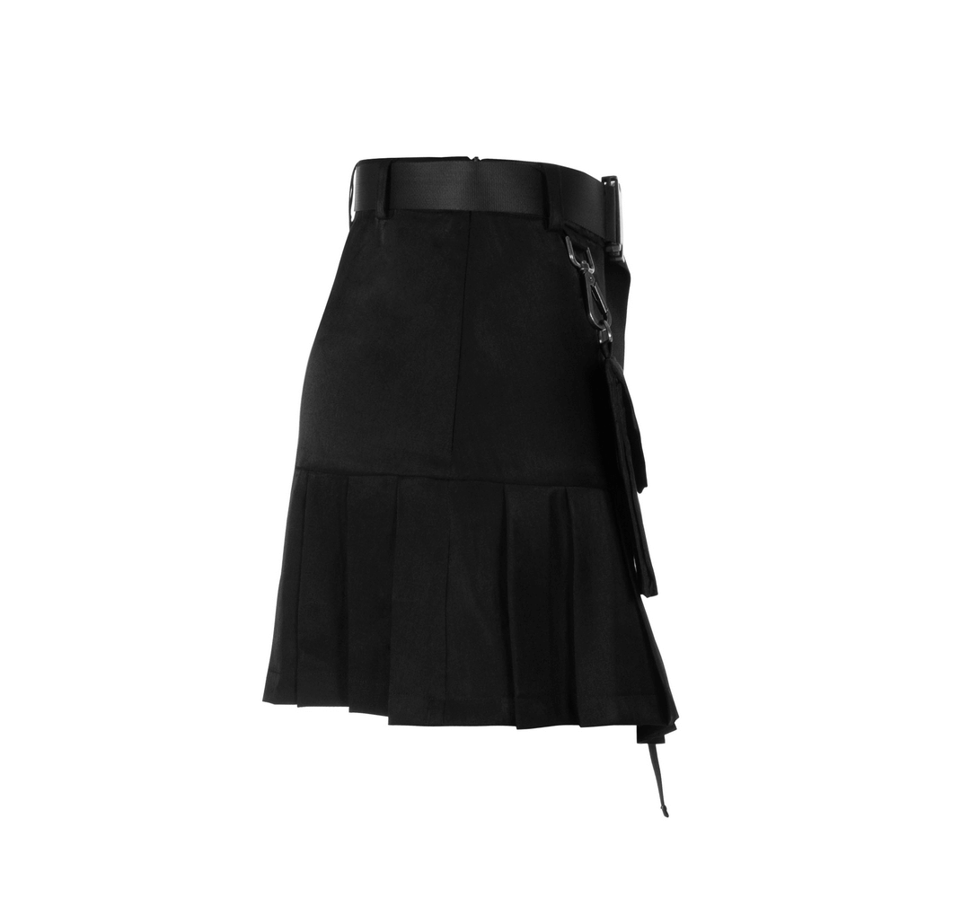 Trendy Gothic buckle mini skirt with pleated design and utility pouch for a bold streetwear look.