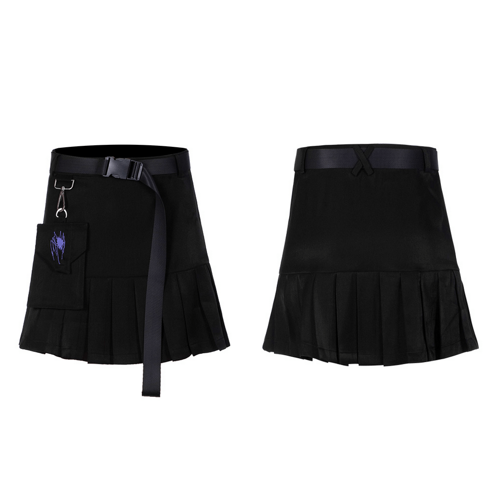 Trendy Gothic buckle mini skirt with D-ring detail and pleated design, featuring a detachable pocket for streetwear style.