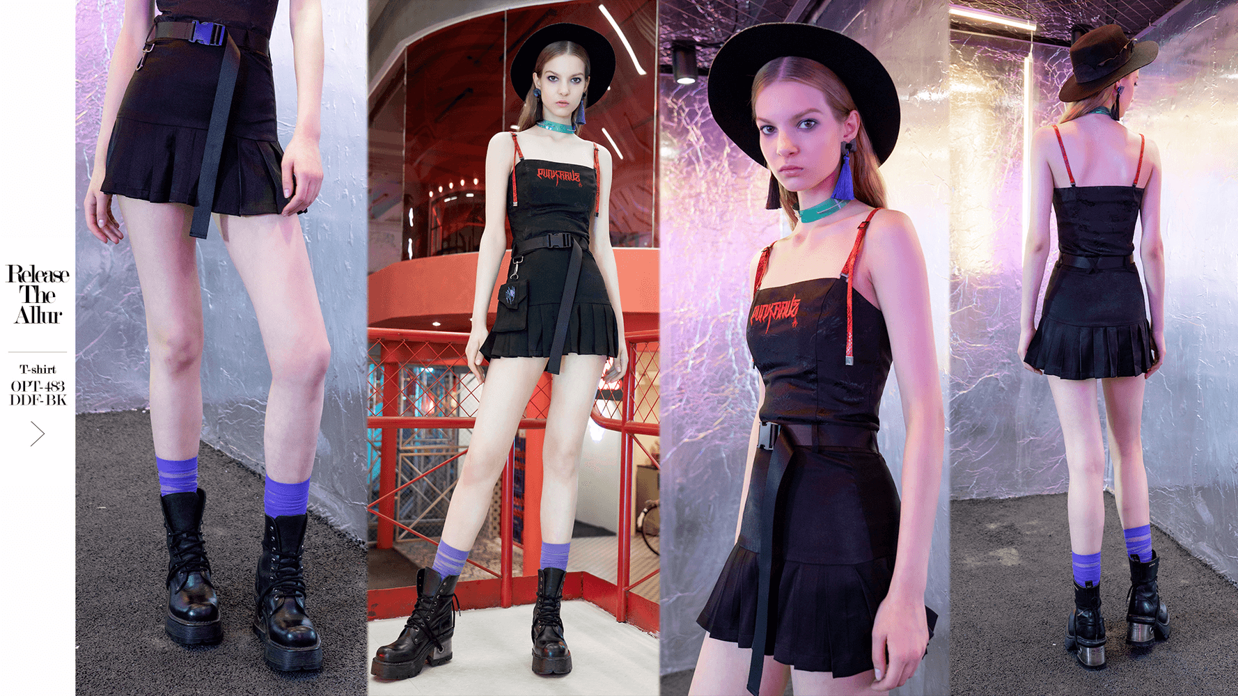 Trendy Gothic Buckle Mini Skirt with D-Ring detail, showcasing a sleek pleated design and edgy streetwear style.