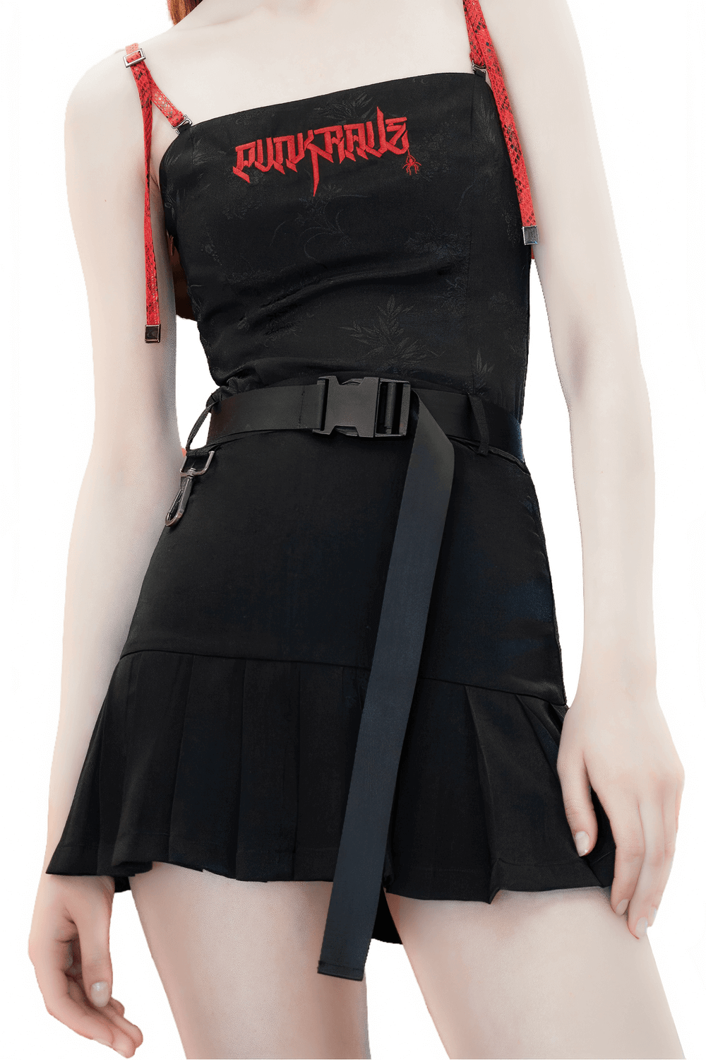 Trendy Gothic buckle mini skirt with pleats and utility pouch, styled for a bold streetwear look.