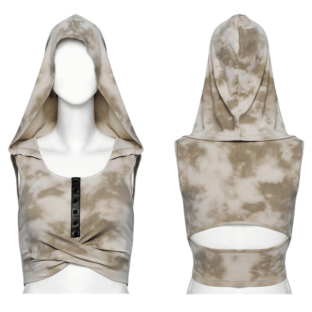 Trendy tie-dye hooded crop top with hollow back and decorative buttons for edgy style.