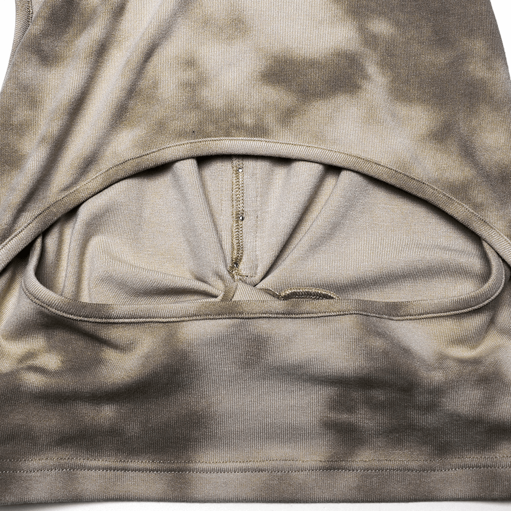 Trendy tie-dye crop top featuring a stylish hollow back design and cross pleated detail for an edgy look.