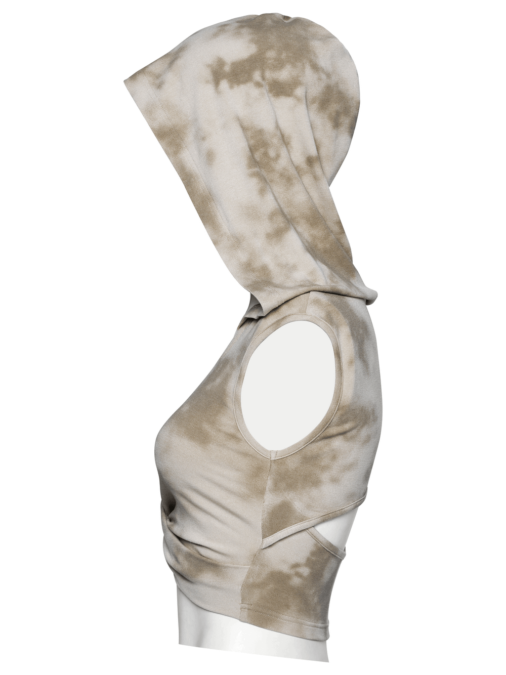 Trendy tie-dye hooded crop top with a hollow back design, perfect for a stylish and edgy look.