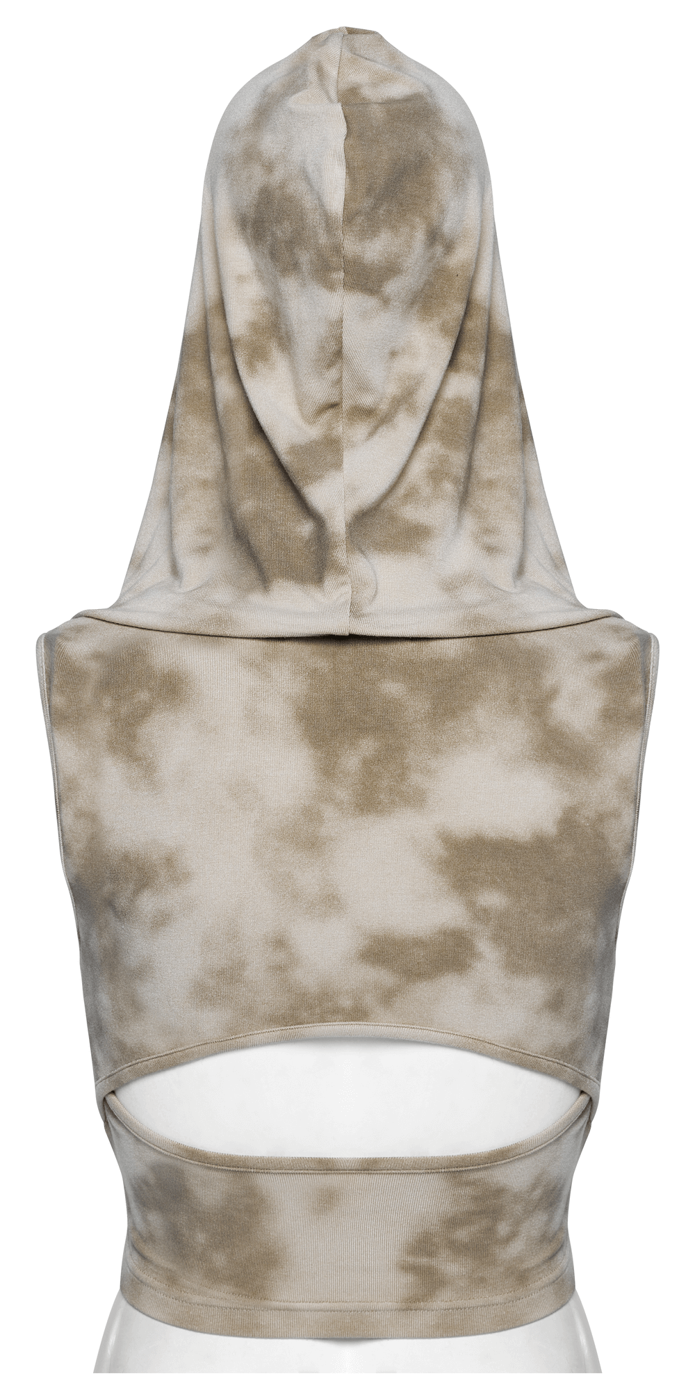 Trendy hooded crop top with hollow back design in tie dye pattern, perfect for festivals and everyday wear.