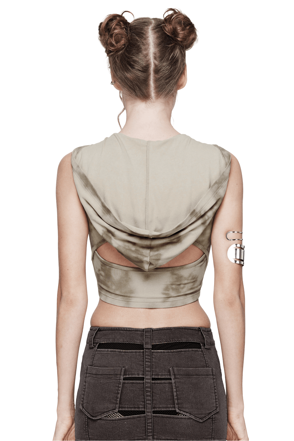 Back view of a trendy tie dye hooded crop top with a hollow back design, perfect for edgy casual outfits.