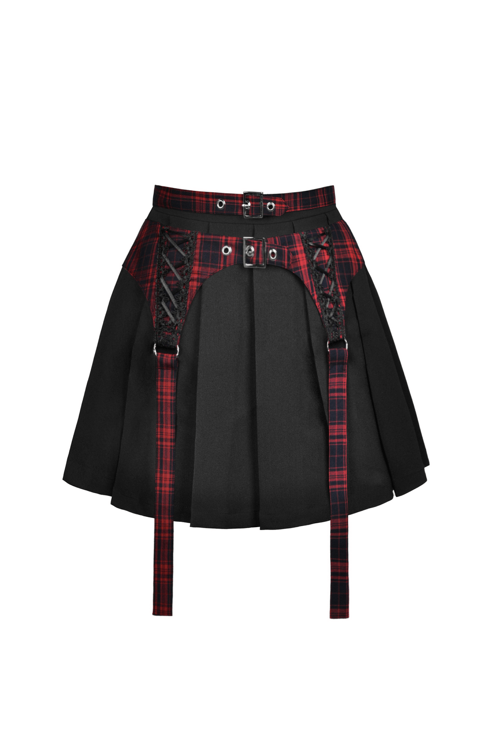 Trendy plaid and black mini skirt with stylish buckles, perfect for any occasion.