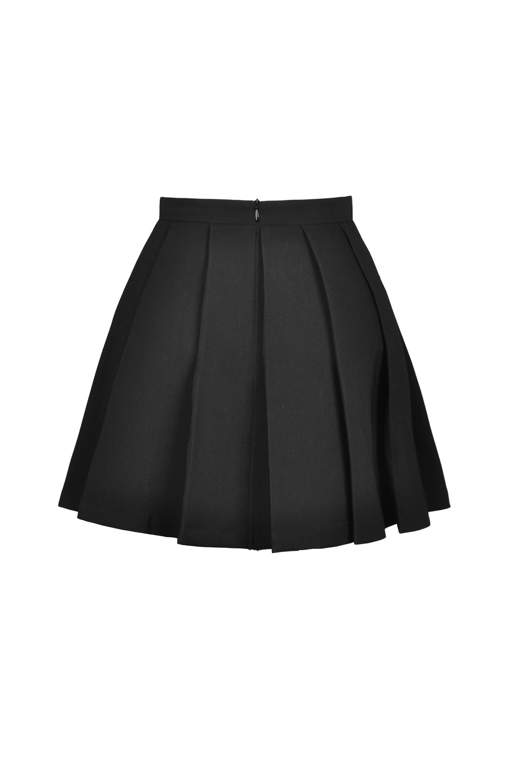 Trendy black mini skirt featuring pleats and a stylish back zipper, perfect for chic outfits.