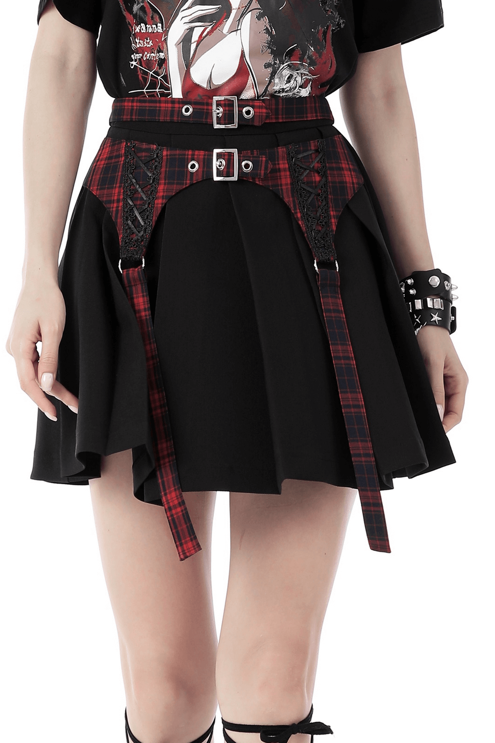 Trendy Plaid and Black Mini Skirt with Buckles