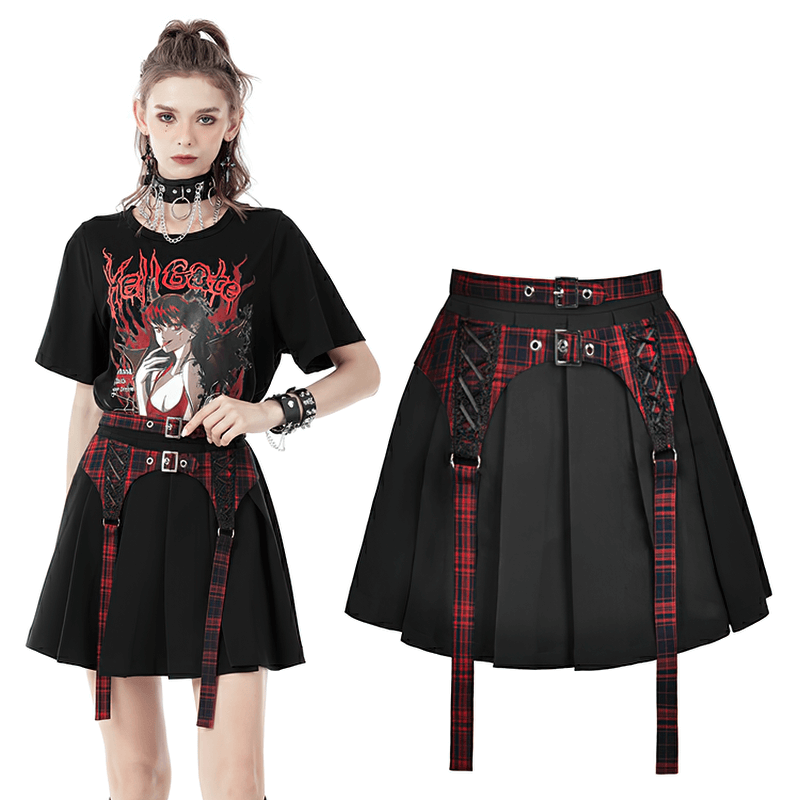 Trendy plaid and black mini skirt featuring stylish buckles and pleats, perfect for casual or formal events.