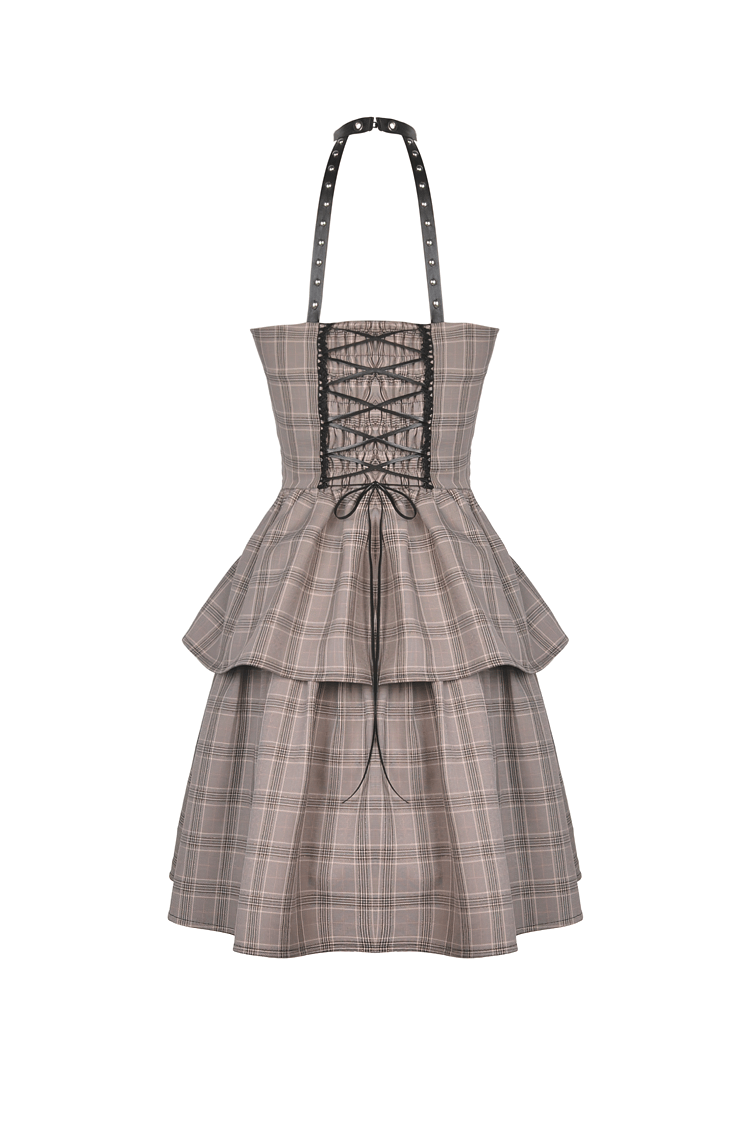 Trendy Plaid Halter Dress with Peplum Detail and Leather Straps