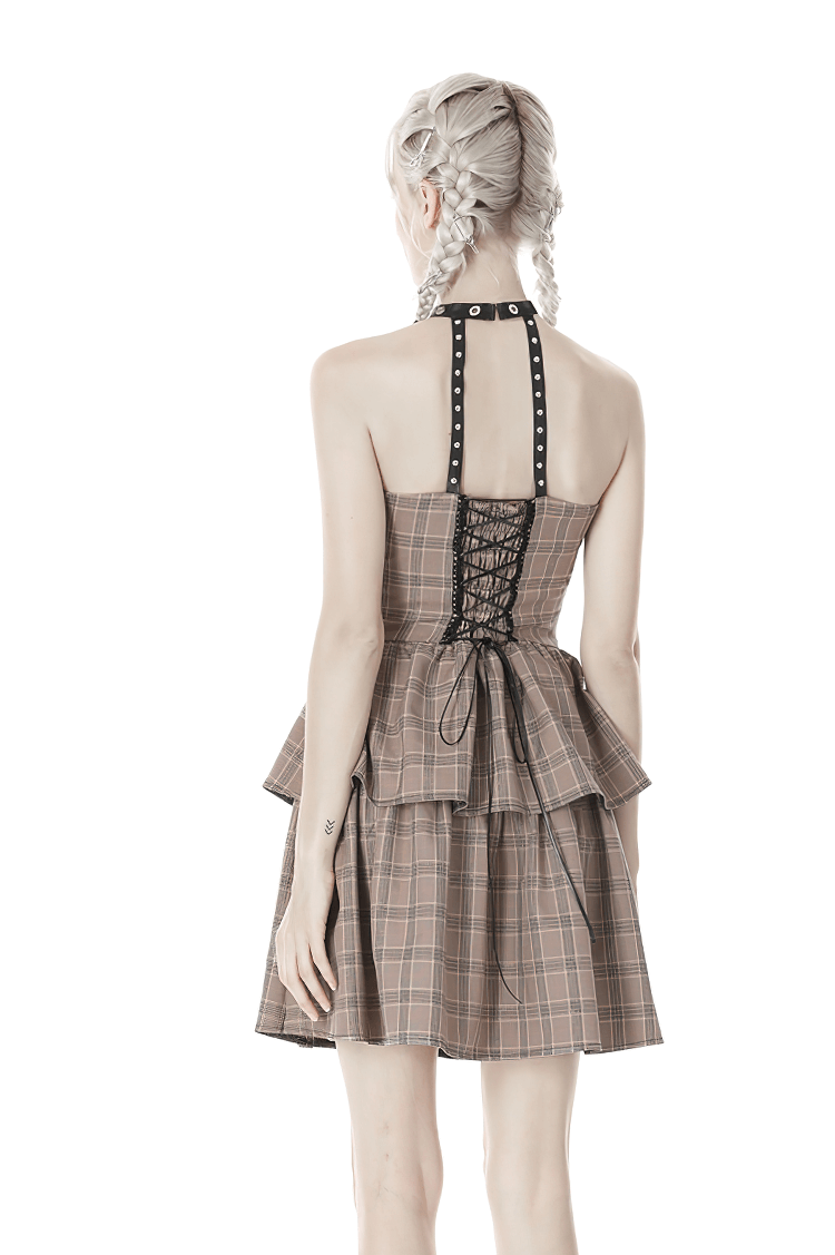 Trendy Plaid Halter Dress with Peplum Detail and Leather Straps