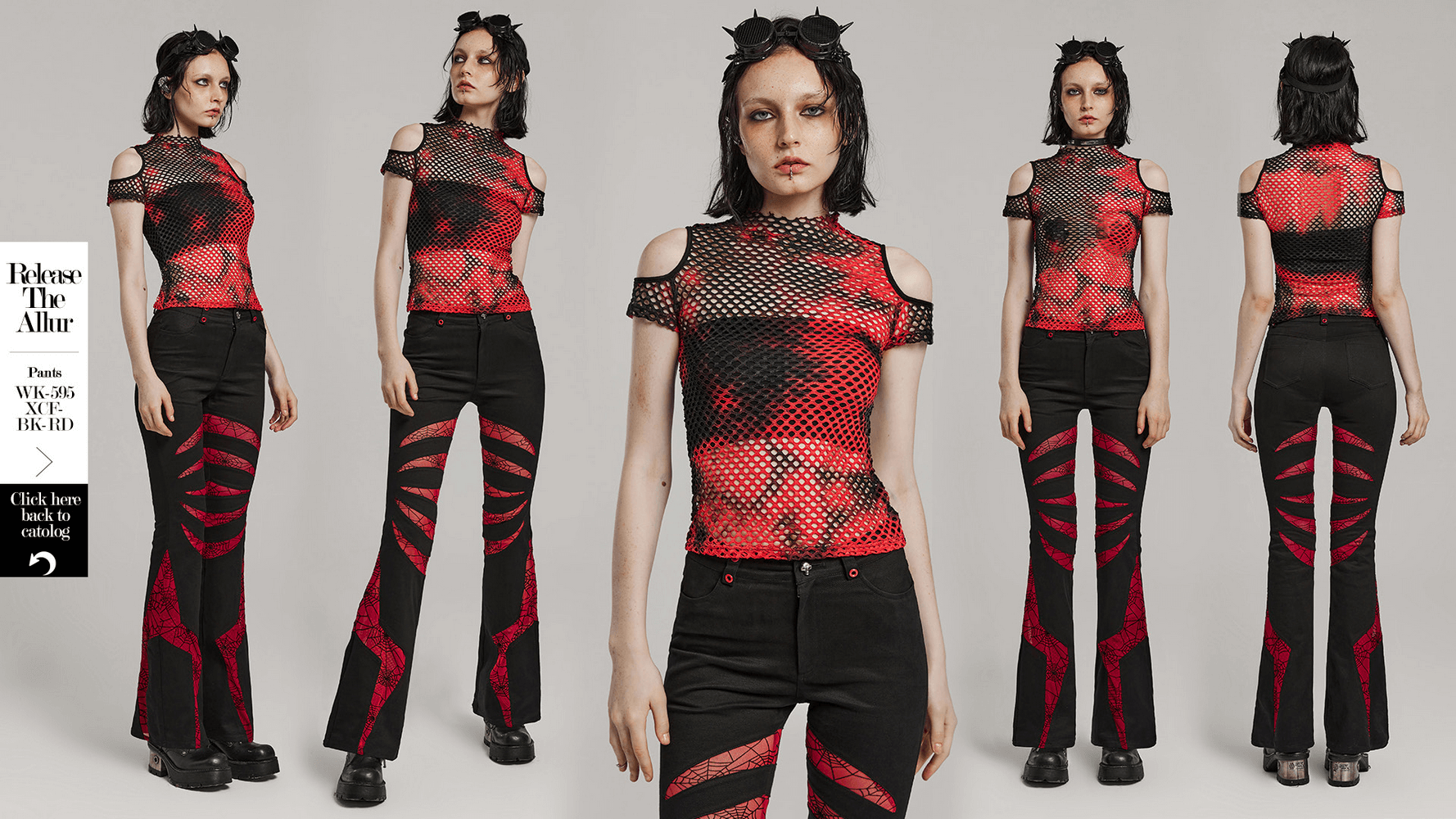 Trendy punk mesh T-shirt in bold red tie-dye colors, featuring a stylish off-shoulder design for a fierce look.