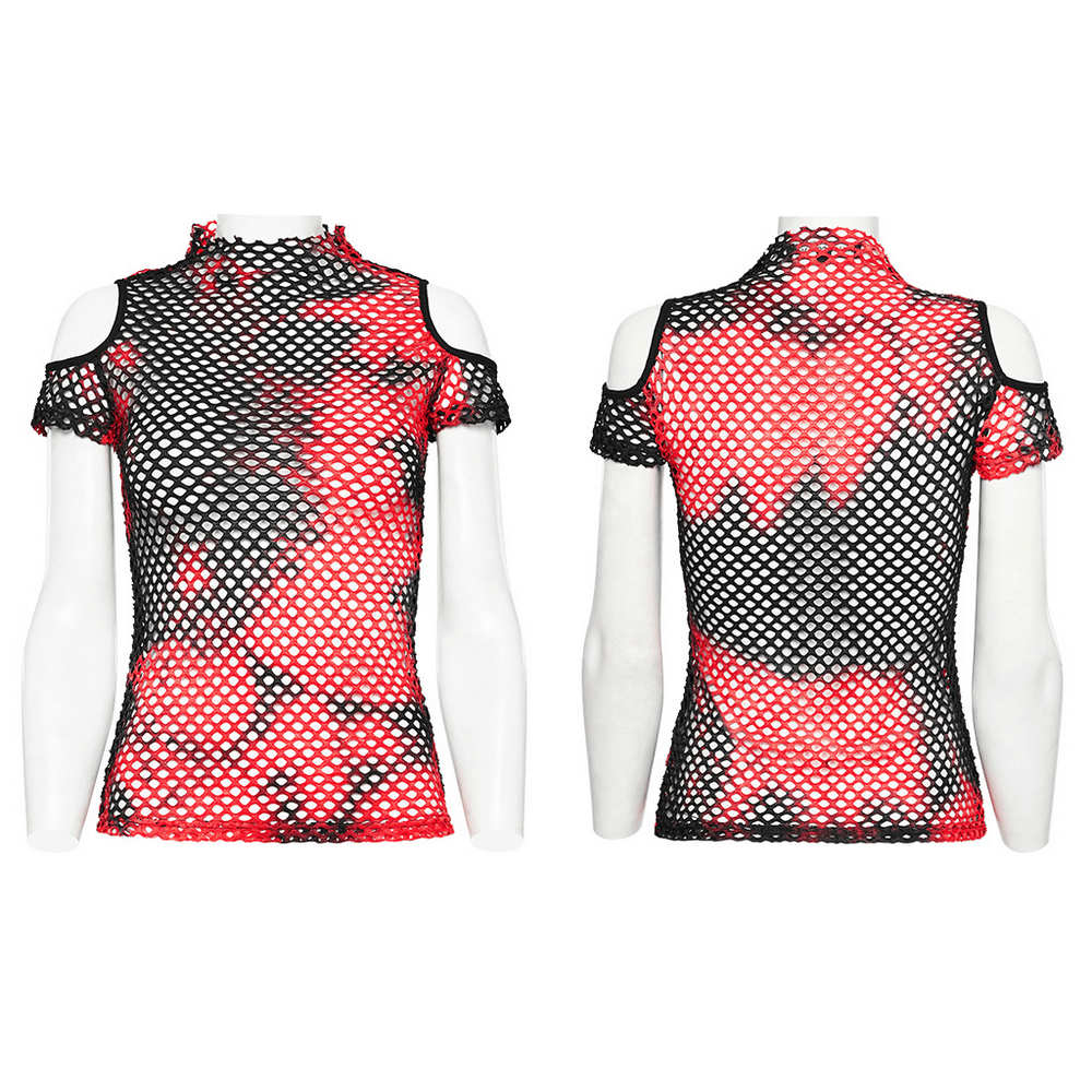 Trendy punk mesh T-shirt in bold tie-dye red and black colors, showcasing edgy off-shoulder design.