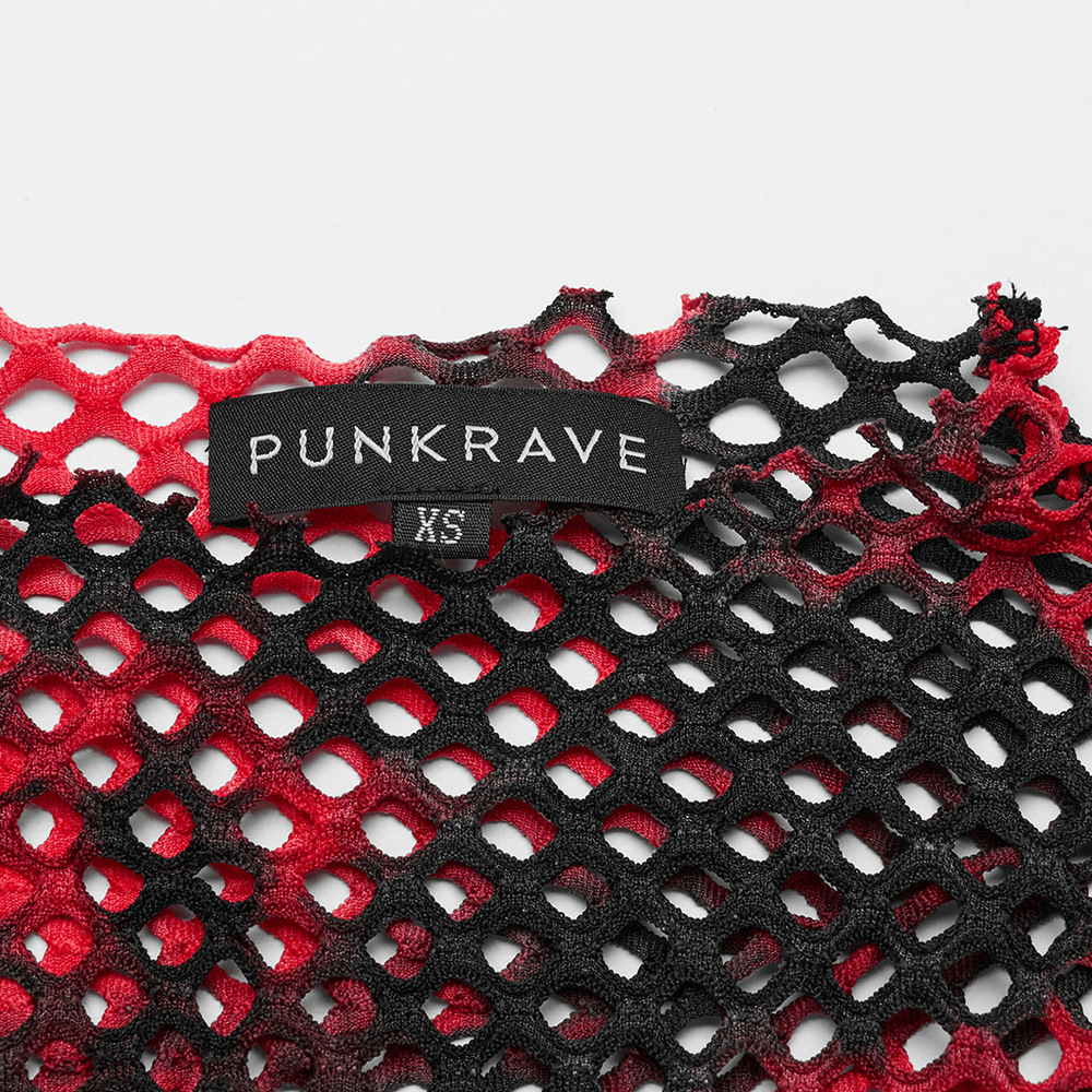 Punk Rave XS label on trendy punk mesh fabric in bold red and black colors, perfect for edgy fashion enthusiasts.