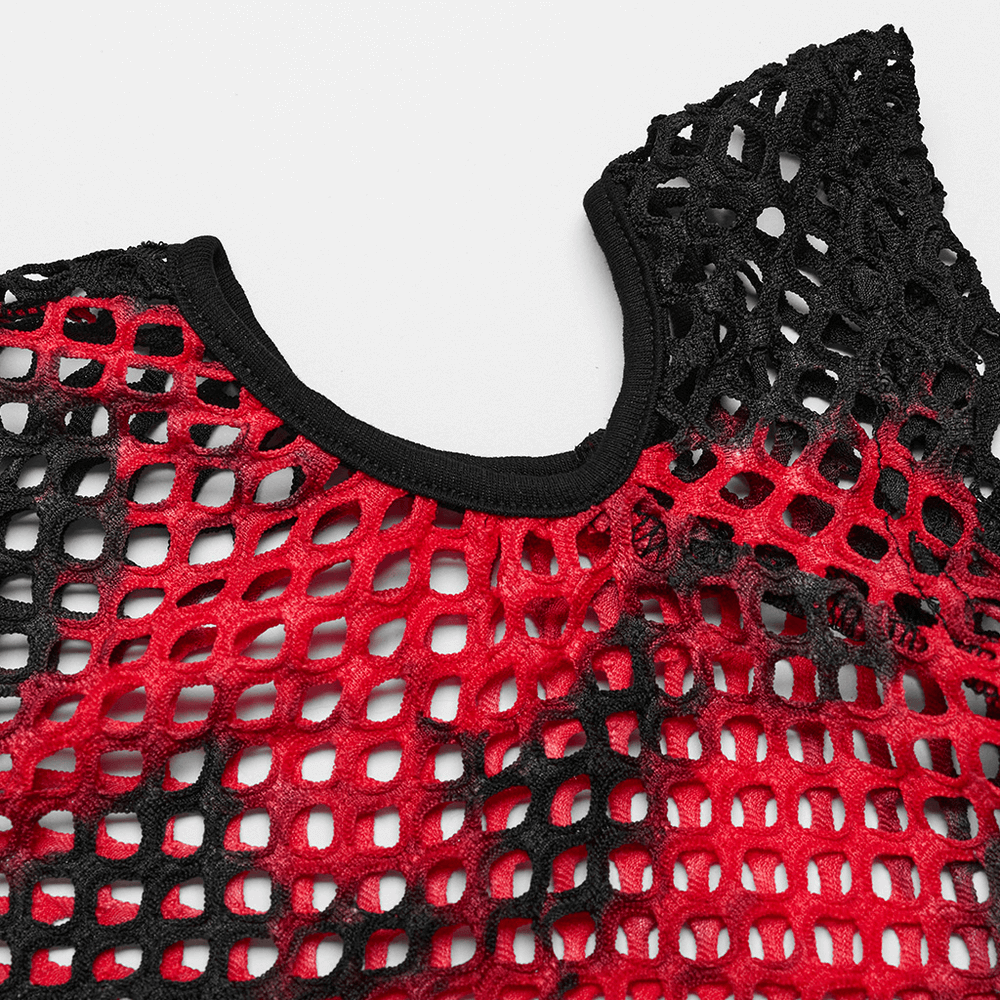 Trendy punk mesh T-shirt in bold red and black, showcasing edgy tie-dye design and modern off-shoulder style.