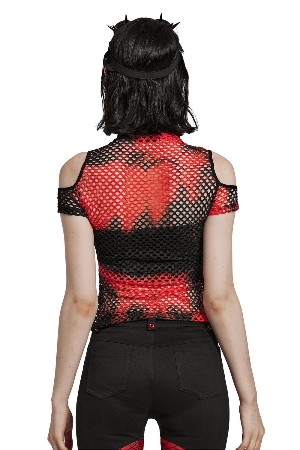 Edgy punk mesh T-shirt with bold tie-dye colors, featuring short sleeves and an off-shoulder design.