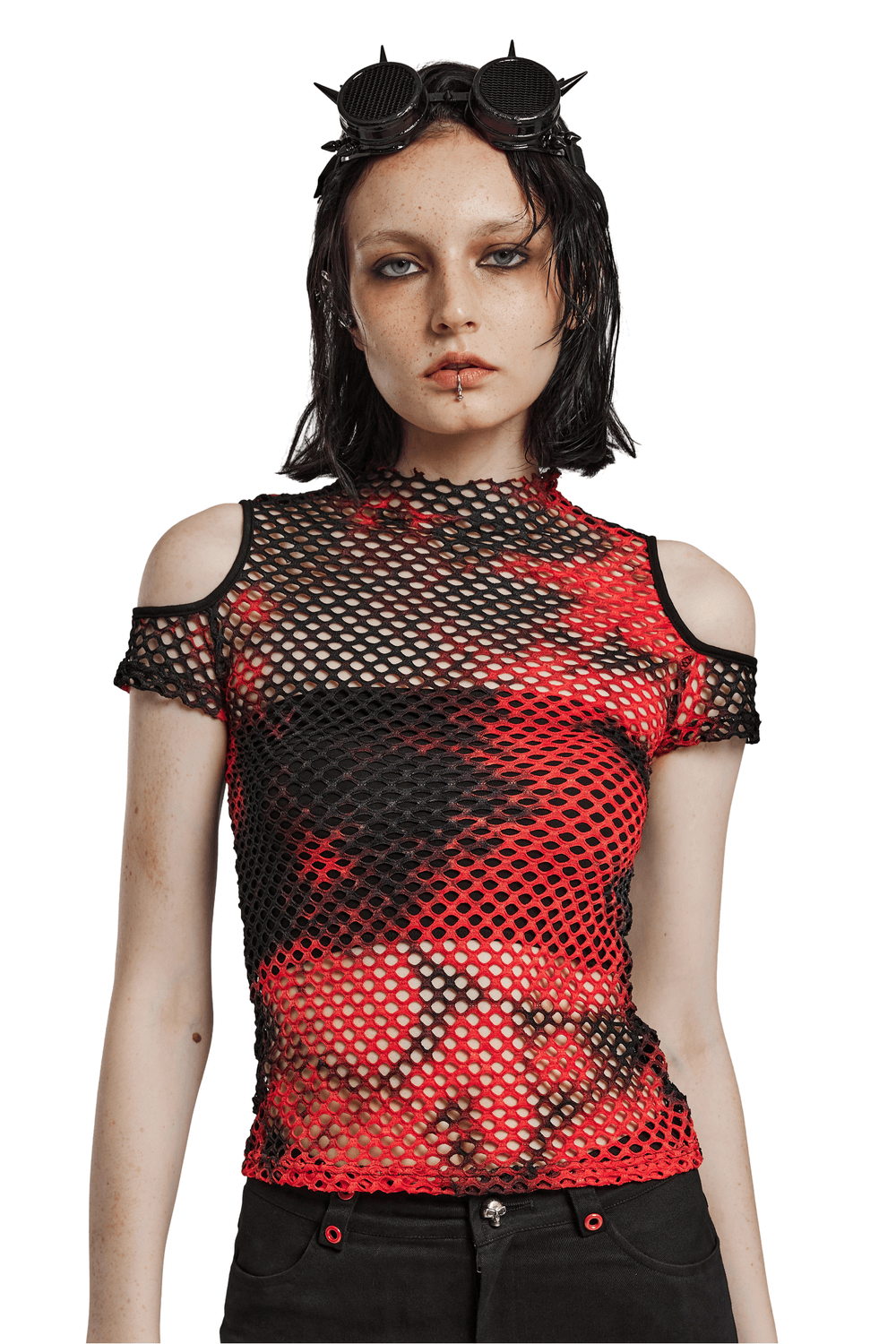 Trendy punk mesh t-shirt in bold red and black tie-dye with off-shoulder design, perfect for edgy fashion lovers.