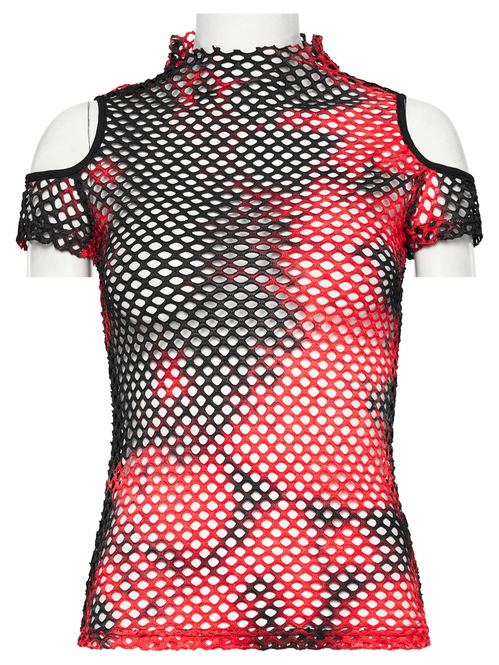 Trendy punk tie-dye mesh T-shirt with bold red and black colors and modern off-shoulder design.