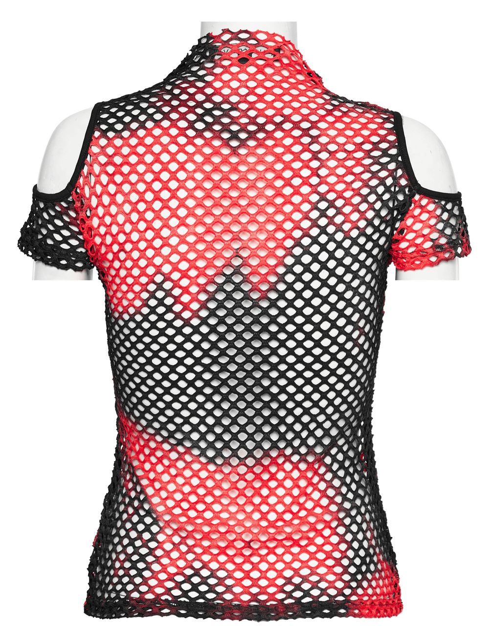 Trendy punk tie-dye mesh t-shirt showcasing bold red and black colors, off-shoulder design and modern twist.