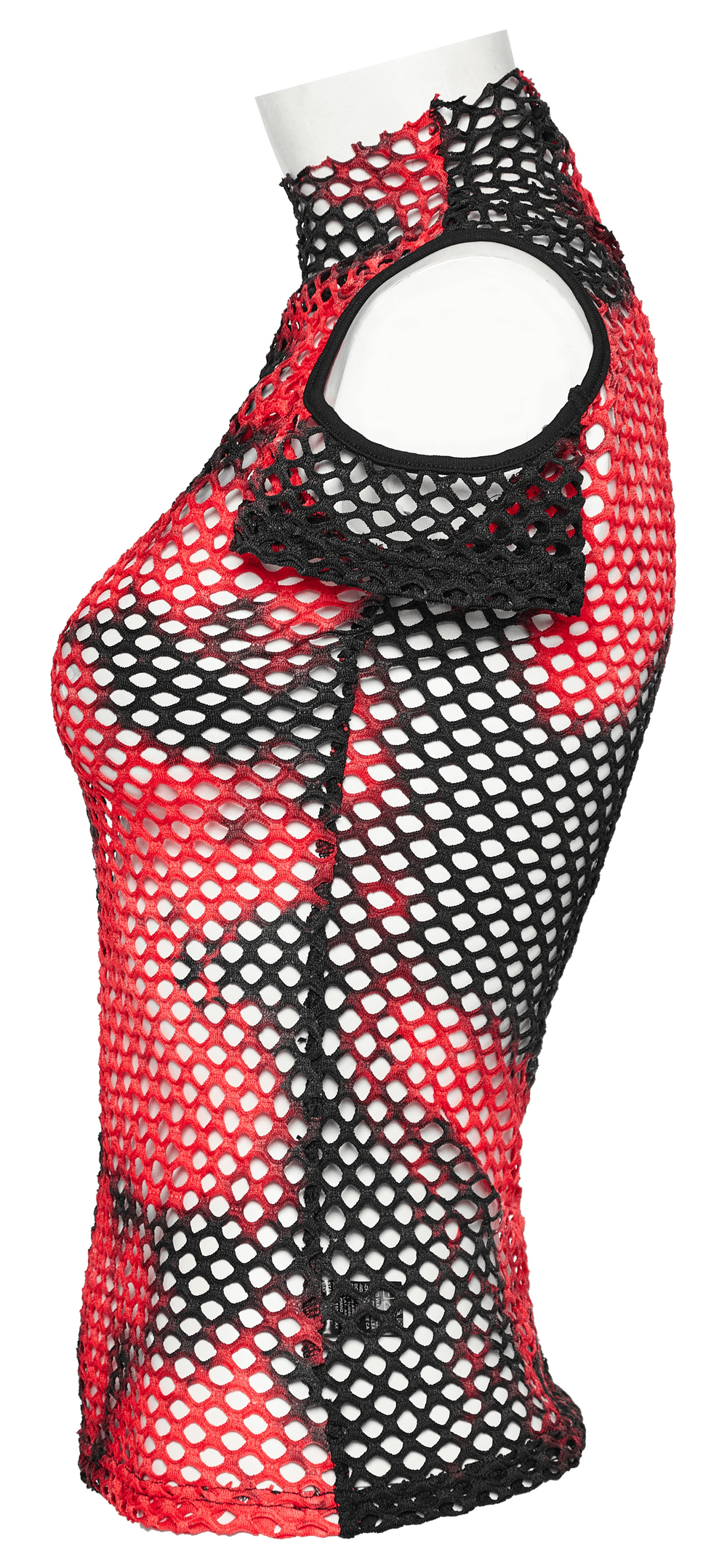 Trendy punk mesh t-shirt in bold red and black tie-dye, featuring short sleeves and off-shoulder design for edgy style.