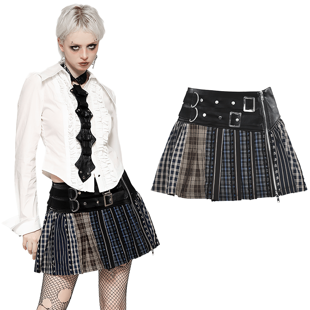 Trendy striped and plaid mini skirt with leather waistband, perfect for chic outfits and stylish layering.