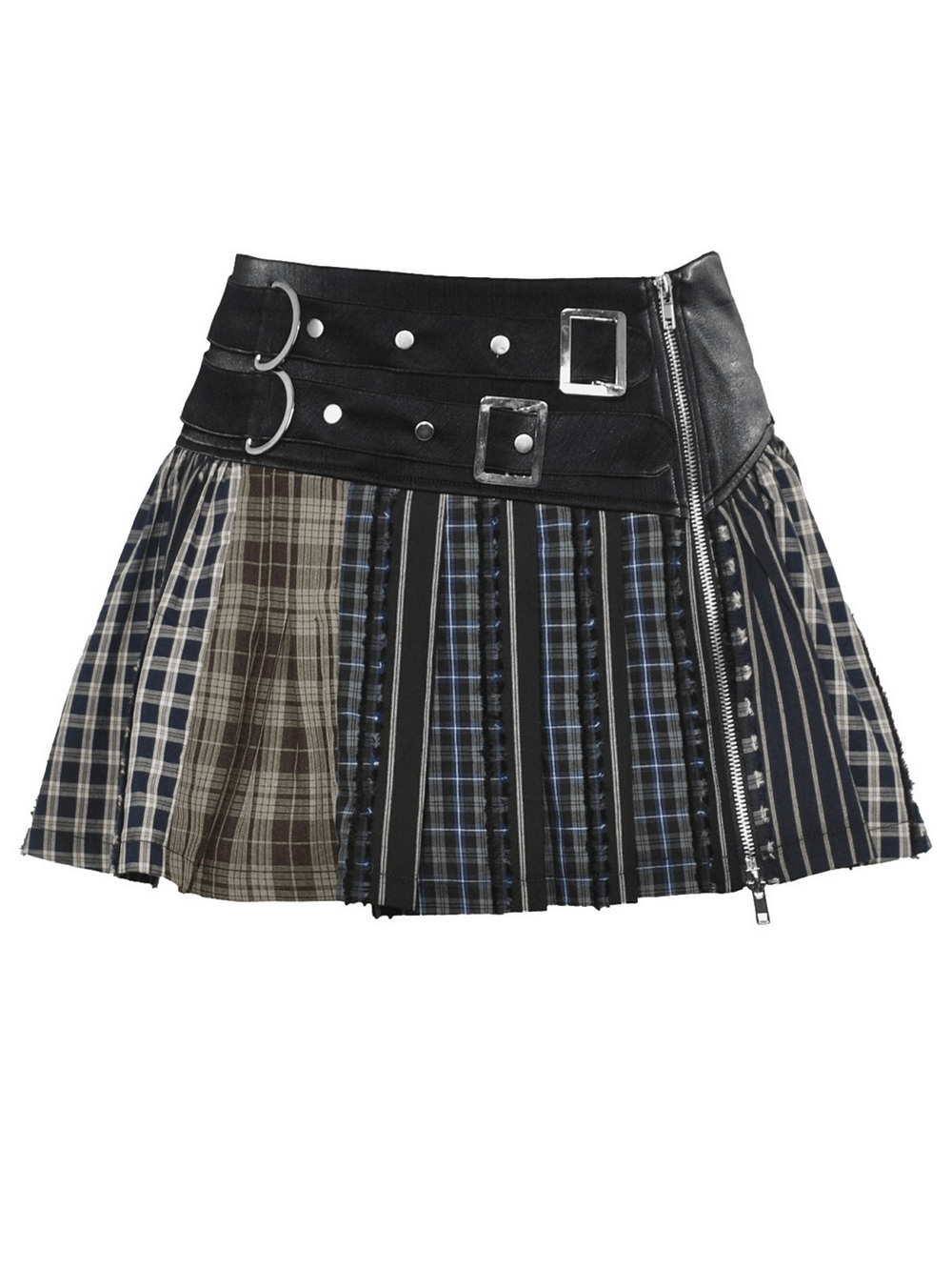 Trendy plaid and striped mini skirt with leather waistband, featuring a stylish patchwork design and edgy zip details.