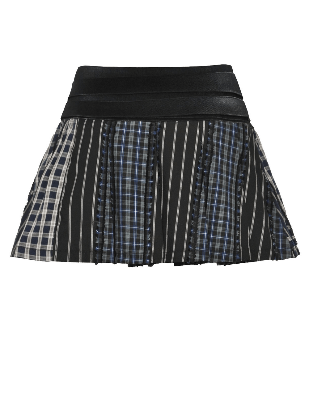Trendy striped and plaid mini skirt with a stylish leather waistband, perfect for adding flair to any outfit.