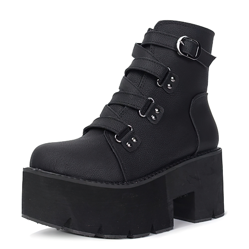 Trendy Women's Ankle Boots on Platform / Comfortable Black Leather Shoes with Buckle - HARD'N'HEAVY