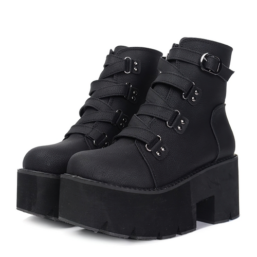 Bottines tendance pour femmes sur plateforme / chaussures en cuir noir avec boucle