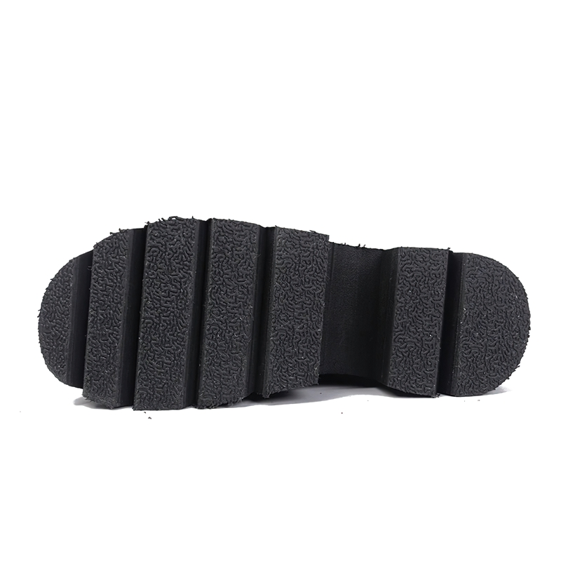 Bottom view of trendy black leather platform ankle boots showcasing textured sole for enhanced grip and style.