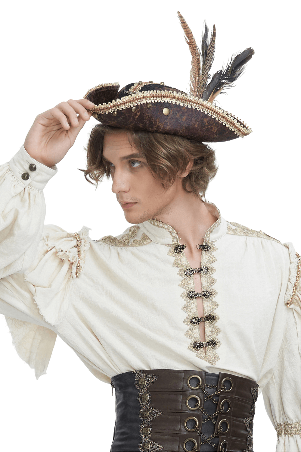 Man wearing an elegant tricorn hat with feathers, gold trim, and emblem, styled for pirate-themed events.