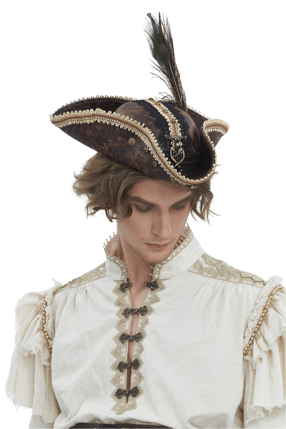 Elegant tricorn hat with feather and gold trim, perfect for pirate-themed events and theatrical productions.