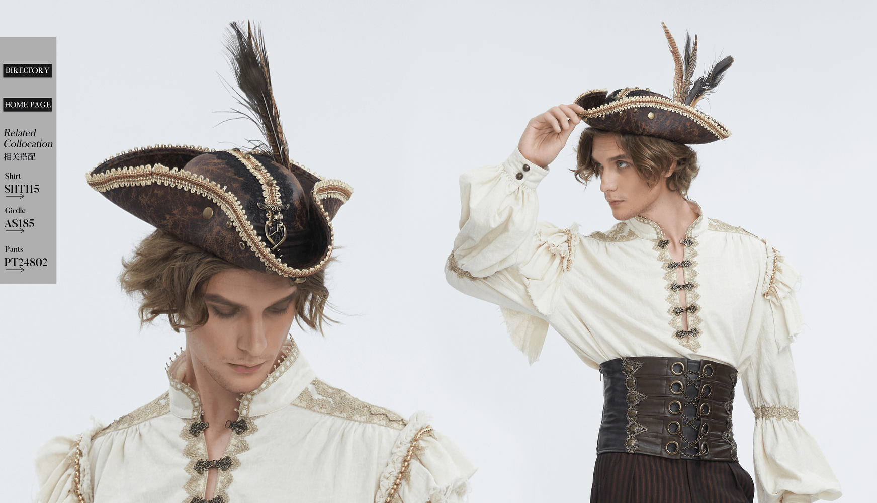 Elegant pirate tricorn hat with gold trim and feather detail, perfect for costume events and reenactments.