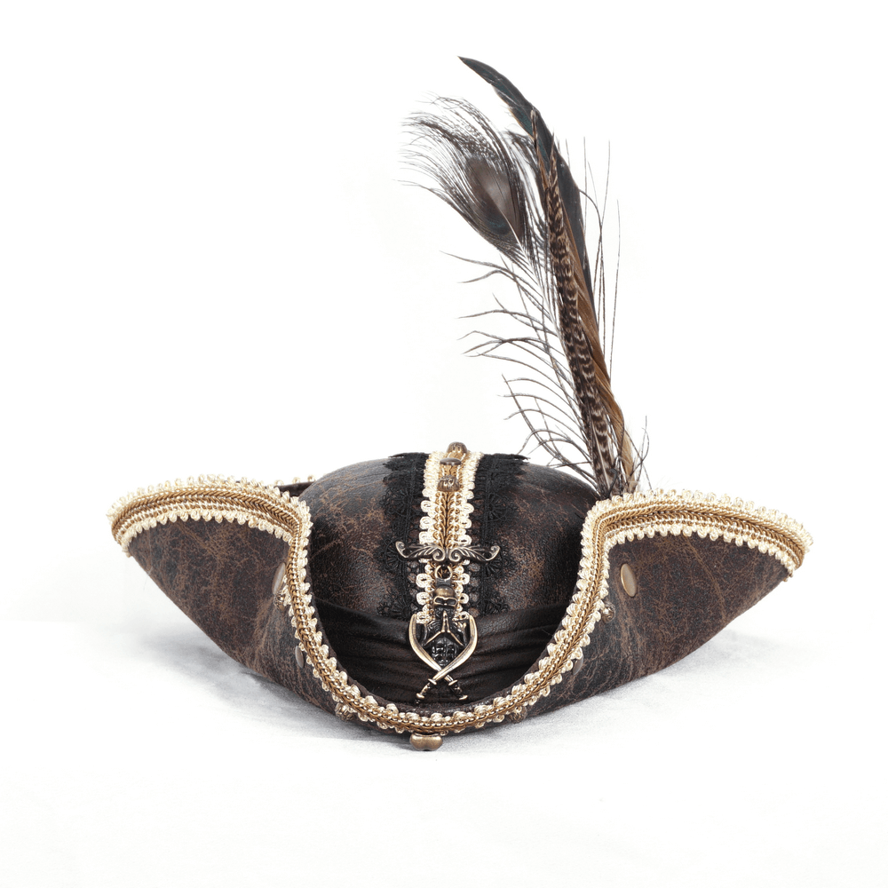 Elegant tricorn hat with gold trim and feather, perfect for pirate-themed events and theatrical productions.