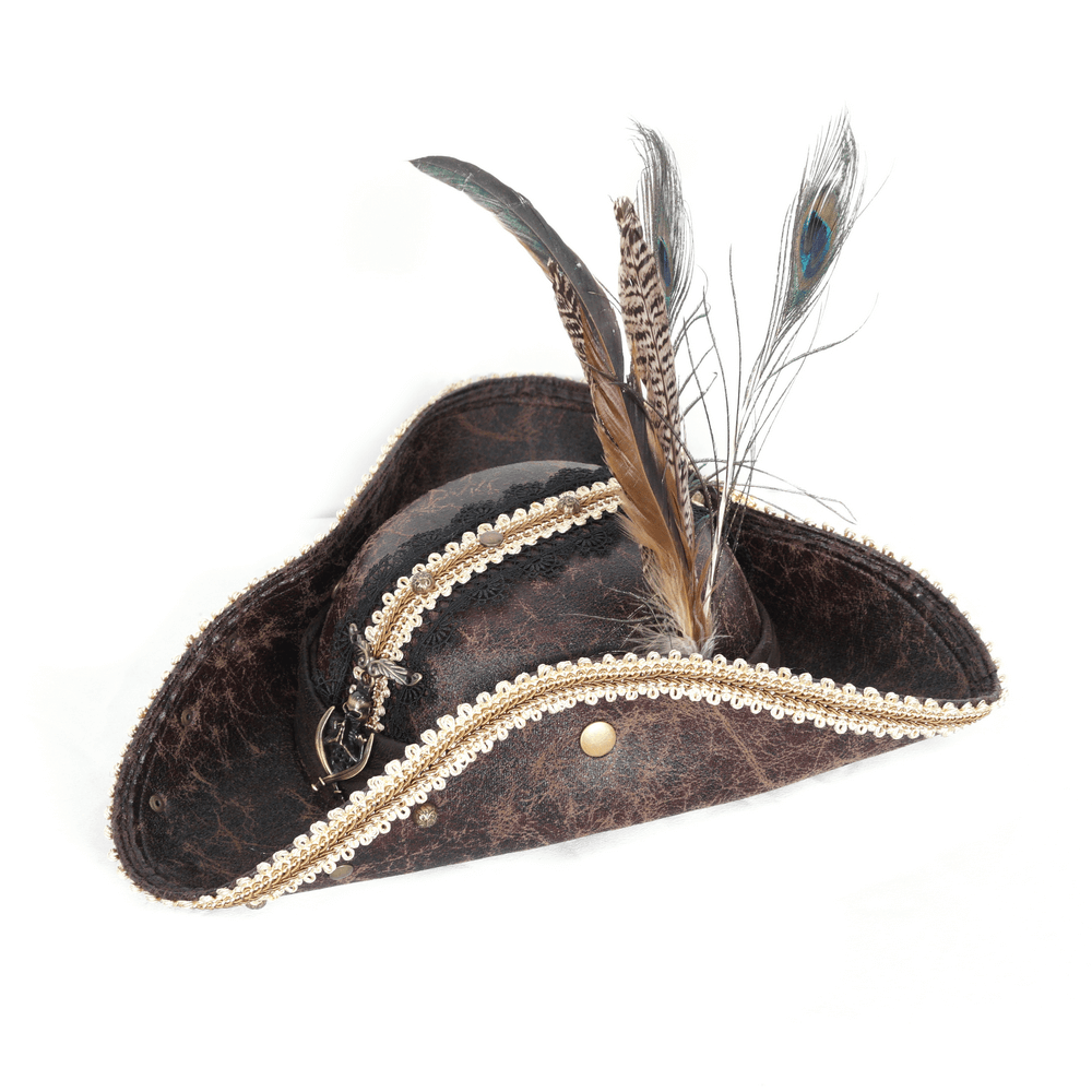 Elegant black pirate tricorn hat with gold trim and feathers, ideal for costume events and theatrical productions.
