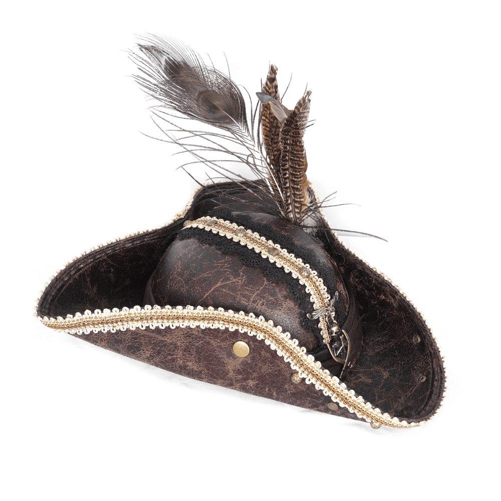 Elegant tricorn hat with gold trim and feathers, perfect for pirate-themed events and costume parties.