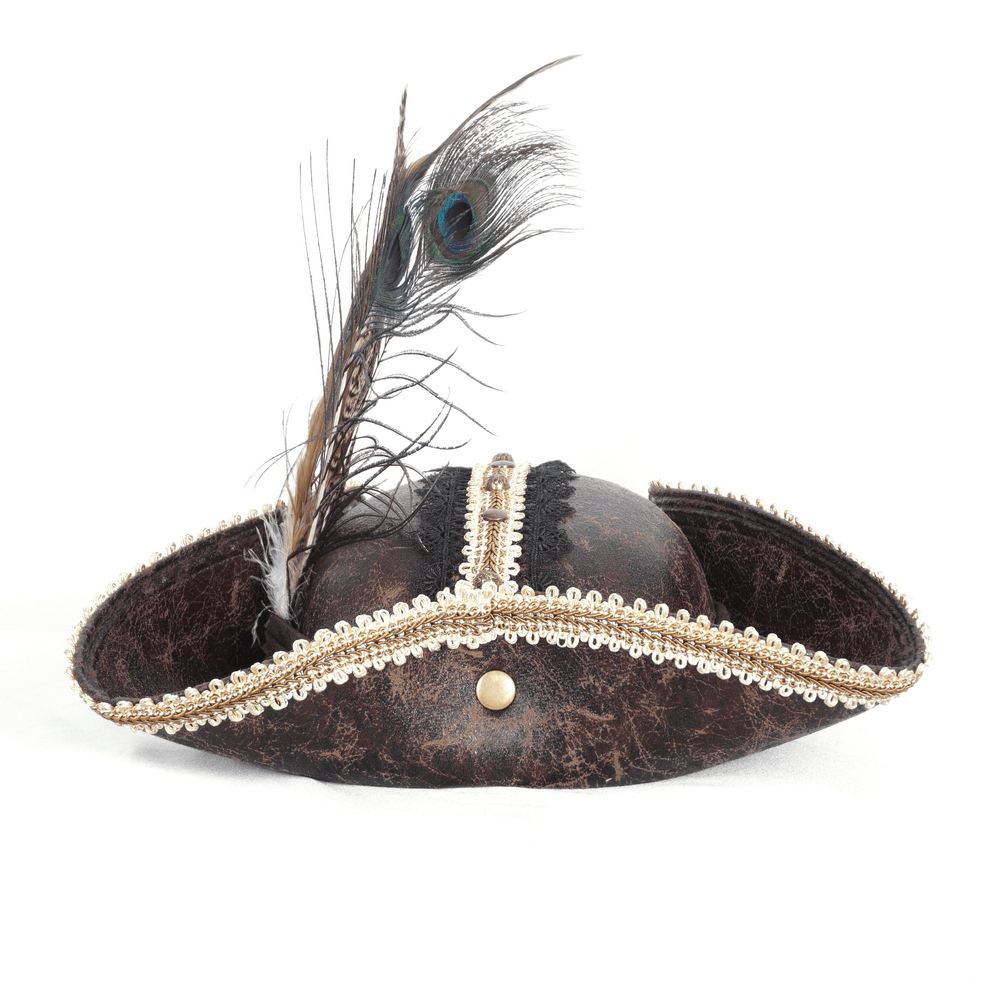 Elegant pirate tricorn hat with feather, gold trim, and emblem detail for costume events.