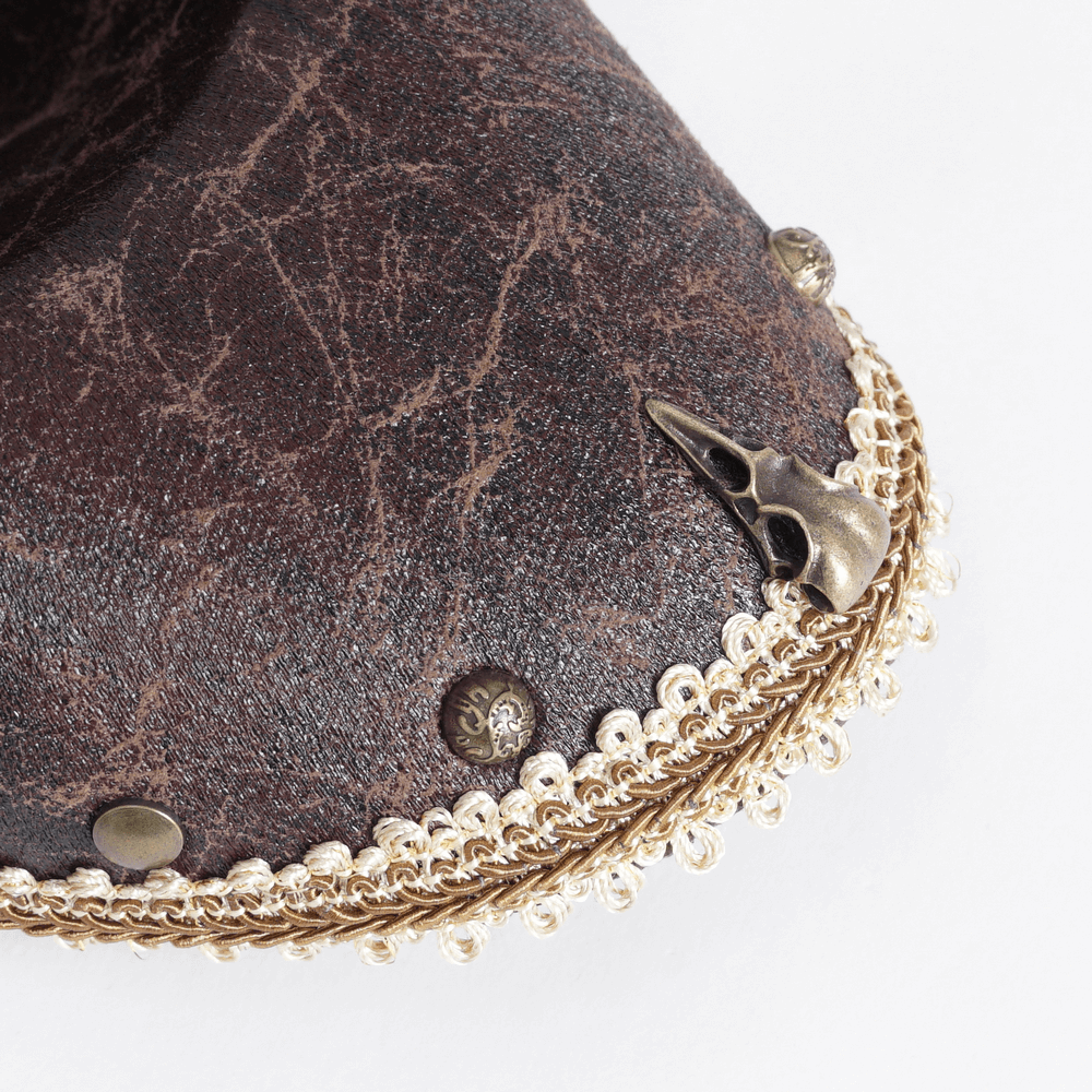 Close-up of a tricorn hat with intricate gold trim and distinctive emblem detail, ideal for pirate-themed events.