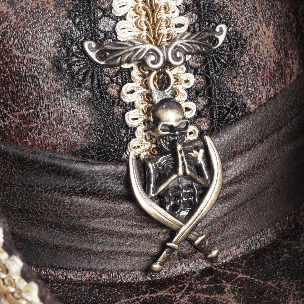 Close-up of tricorn hat emblem featuring a skull and crossed swords with intricate detailing for pirate costumes.