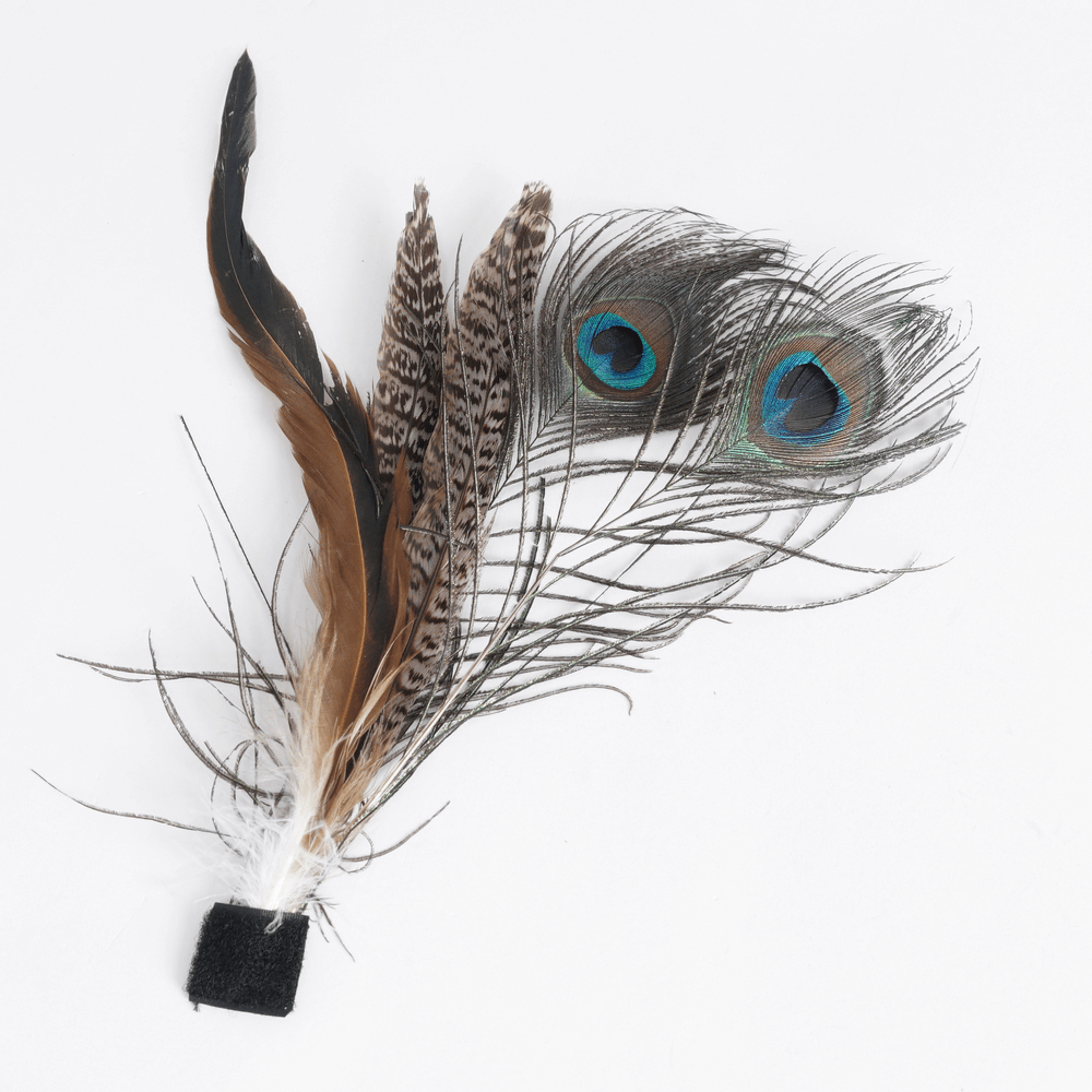 Elegant feather plume with peacock accents for costume accessories or decorative uses.