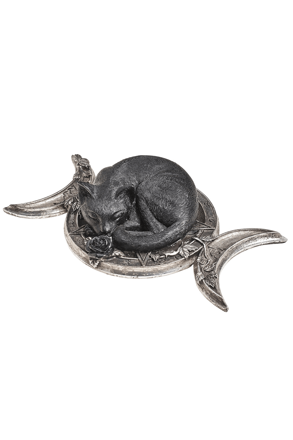 Black cat sleeping on a crescent moon figurine, symbolizing magic and witchcraft for home decor.