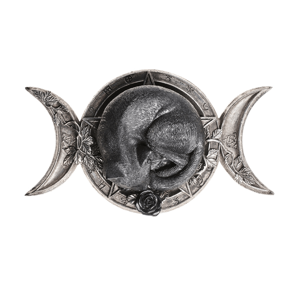 Triple Moon Black Cat ornament featuring a sleeping cat encircled by crescent moons, perfect for gothic decor.