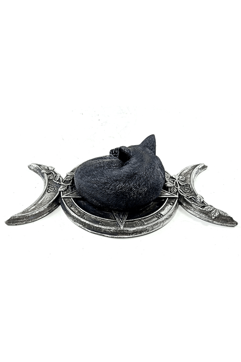 Magical sleeping black cat ornament resting on triple moon design, perfect for witchcraft and gothic home decor.