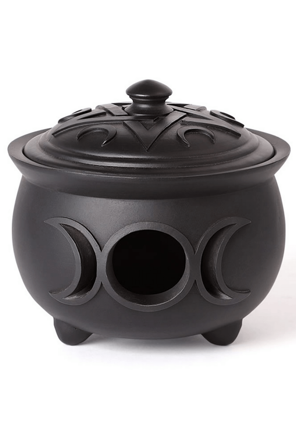 Triple Moon black cauldron trinket box with intricate lid for jewelry and altar items, crafted from resin.